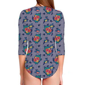 Blue And White Floral Glen Plaid Print Long Sleeve Swimsuit