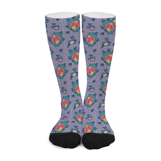 Blue And White Floral Glen Plaid Print Long Socks