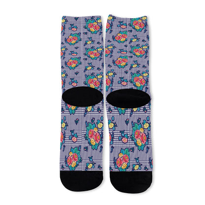 Blue And White Floral Glen Plaid Print Long Socks