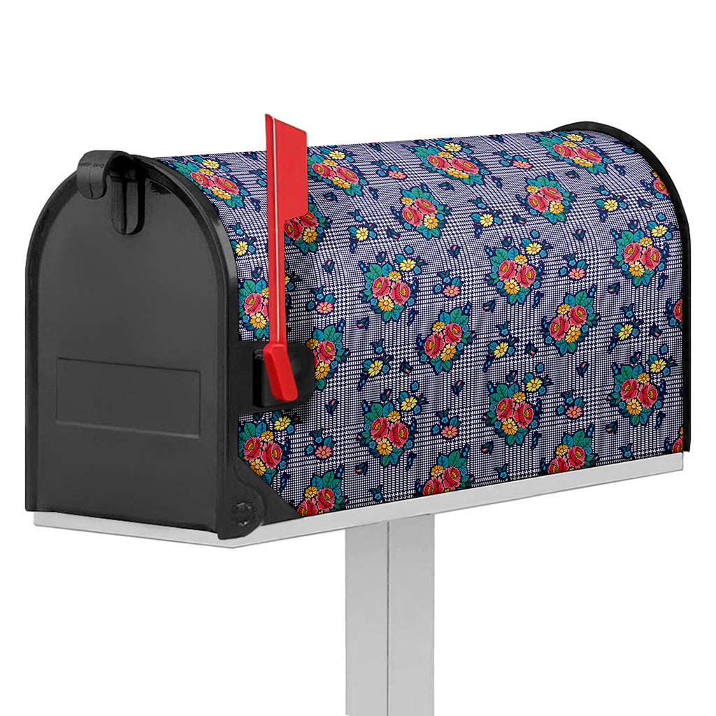 Blue And White Floral Glen Plaid Print Mailbox Cover