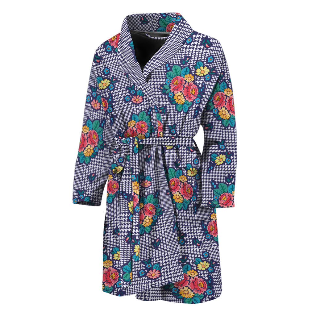 Blue And White Floral Glen Plaid Print Men's Bathrobe