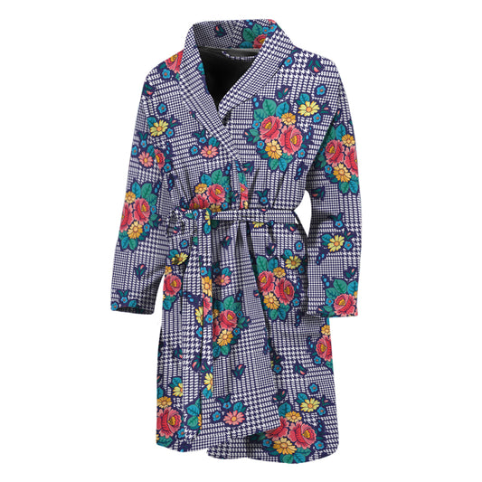 Blue And White Floral Glen Plaid Print Men's Bathrobe