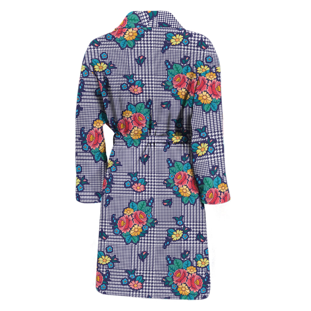 Blue And White Floral Glen Plaid Print Men's Bathrobe