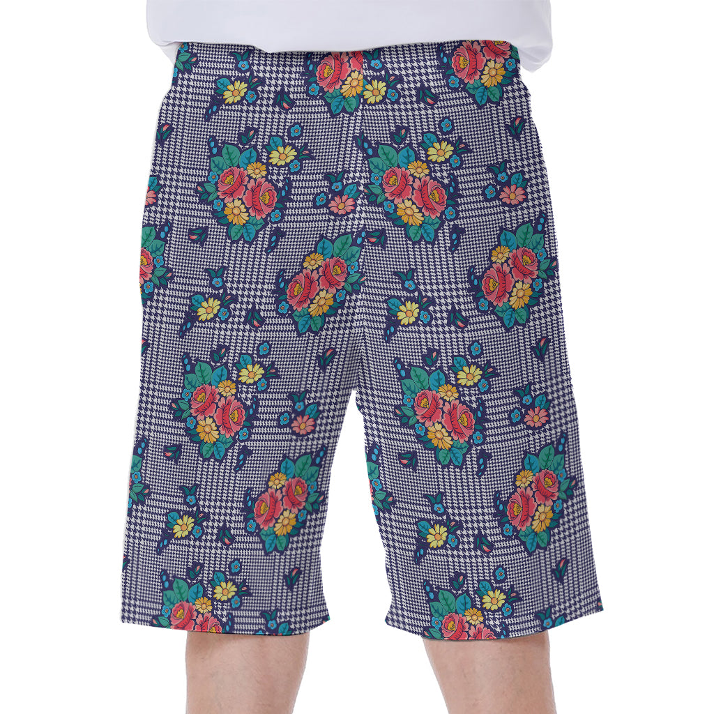 Blue And White Floral Glen Plaid Print Men's Beach Shorts