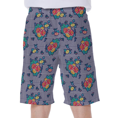 Blue And White Floral Glen Plaid Print Men's Beach Shorts