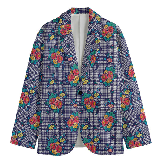 Blue And White Floral Glen Plaid Print Men's Blazer