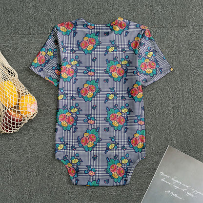 Blue And White Floral Glen Plaid Print Men's Bodysuit