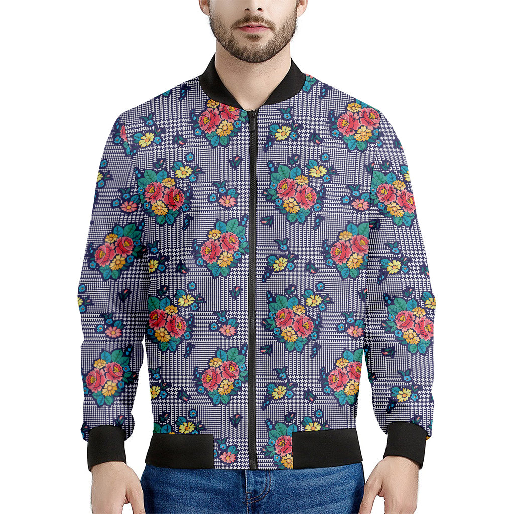 Blue And White Floral Glen Plaid Print Men's Bomber Jacket