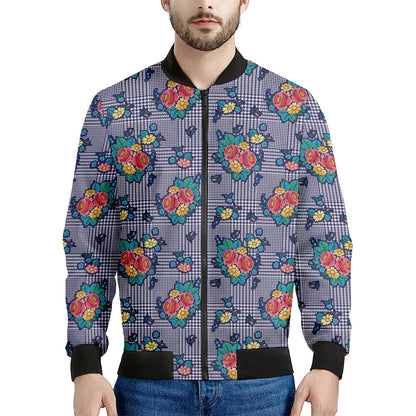 Blue And White Floral Glen Plaid Print Men's Bomber Jacket