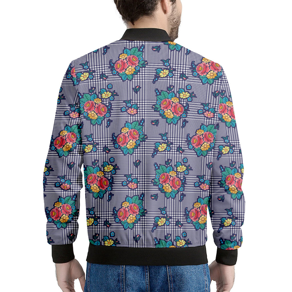 Blue And White Floral Glen Plaid Print Men's Bomber Jacket