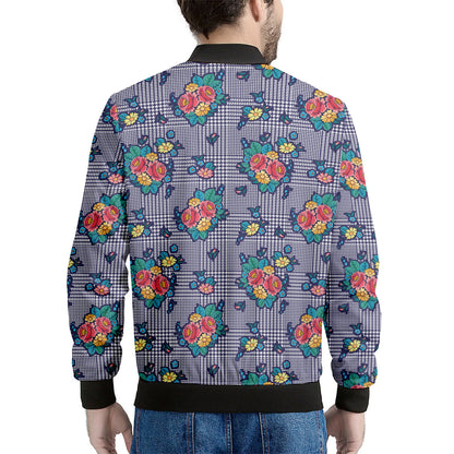 Blue And White Floral Glen Plaid Print Men's Bomber Jacket
