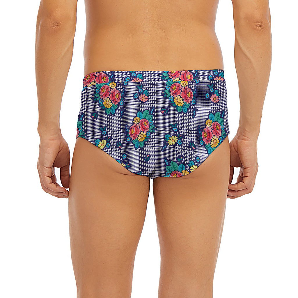 Blue And White Floral Glen Plaid Print Men's Briefs