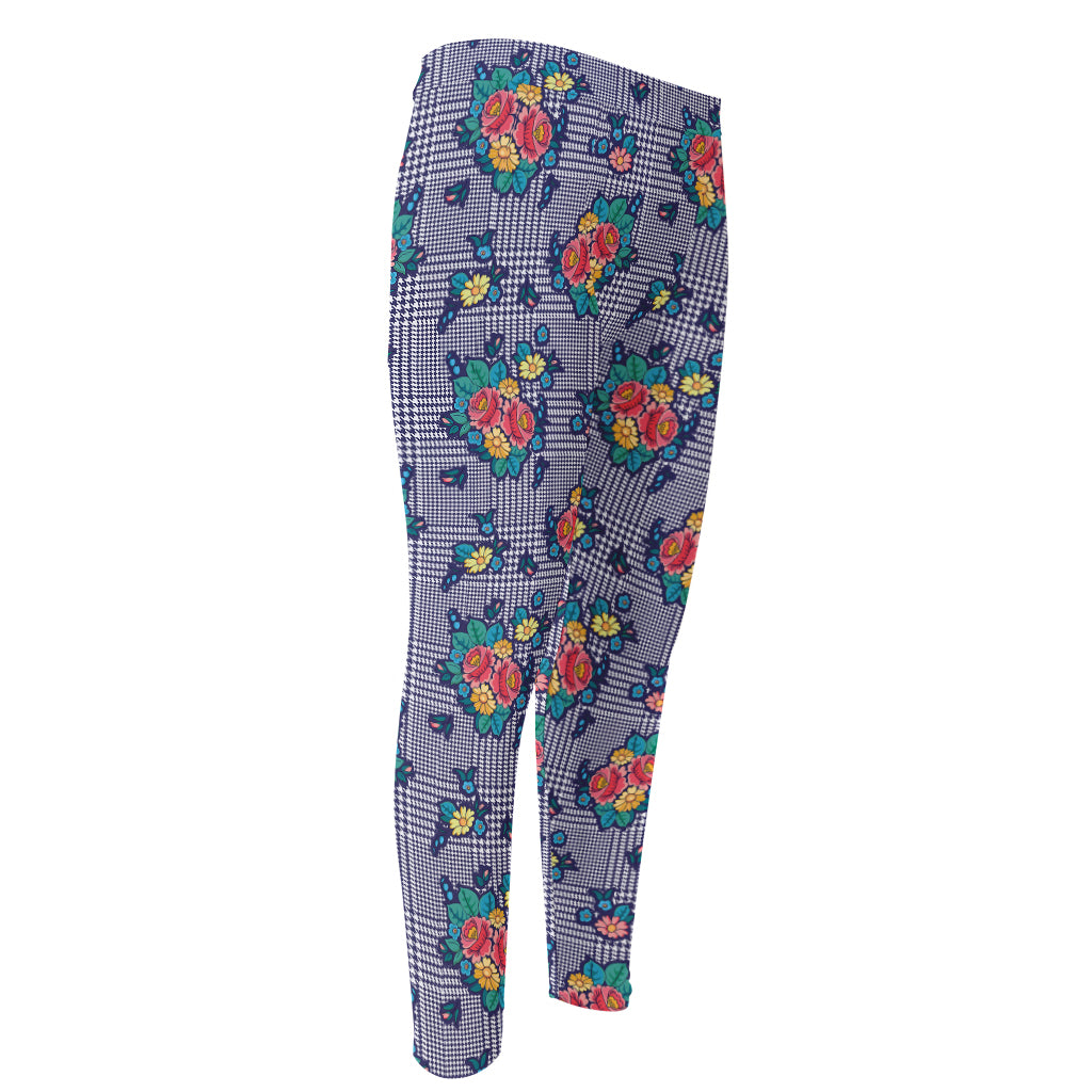 Blue And White Floral Glen Plaid Print Men's Compression Pants