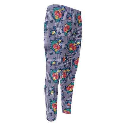 Blue And White Floral Glen Plaid Print Men's Compression Pants