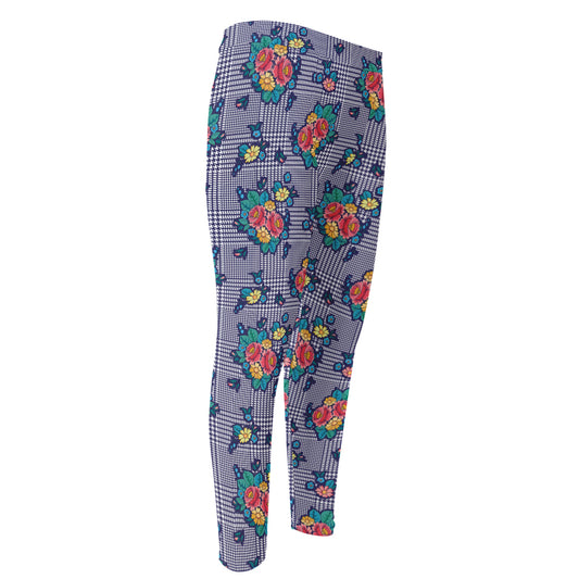 Blue And White Floral Glen Plaid Print Men's Compression Pants