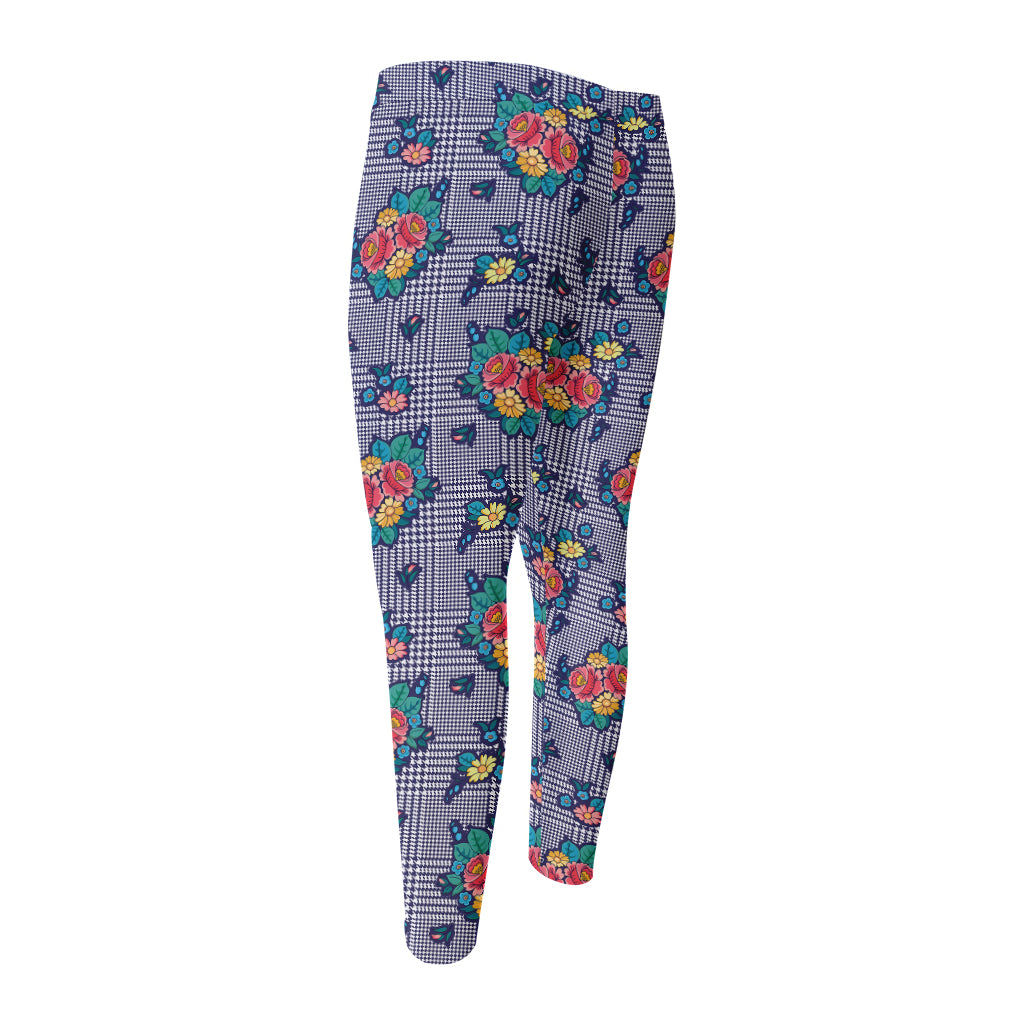 Blue And White Floral Glen Plaid Print Men's Compression Pants