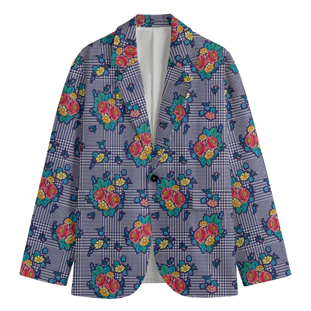 Blue And White Floral Glen Plaid Print Men's Cotton Blazer