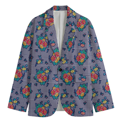 Blue And White Floral Glen Plaid Print Men's Cotton Blazer