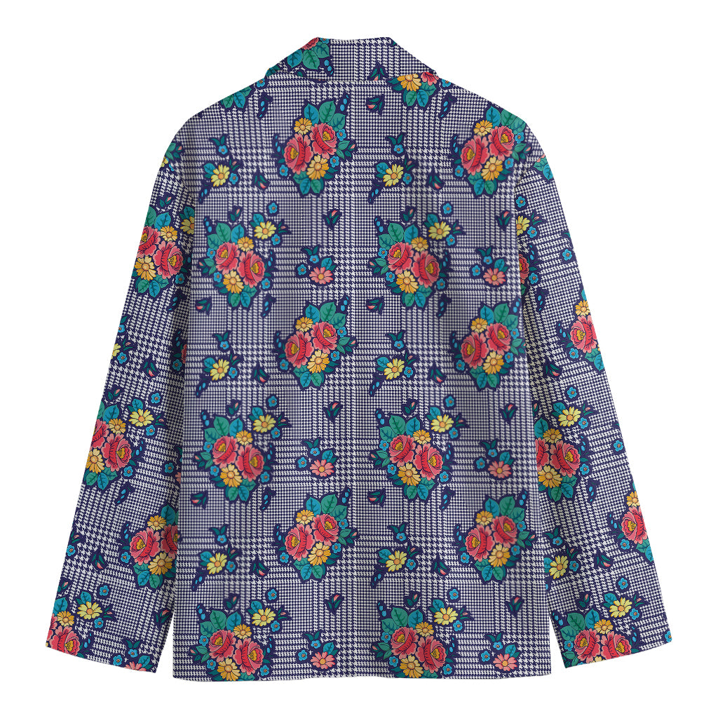 Blue And White Floral Glen Plaid Print Men's Cotton Blazer