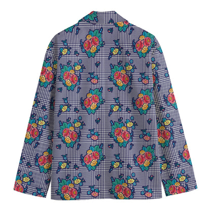 Blue And White Floral Glen Plaid Print Men's Cotton Blazer