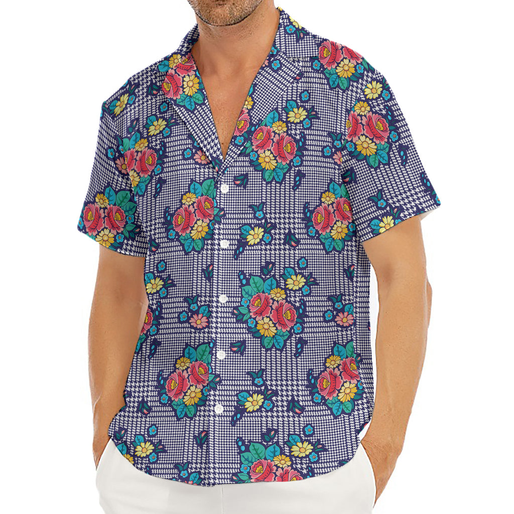 Blue And White Floral Glen Plaid Print Men's Deep V-Neck Shirt