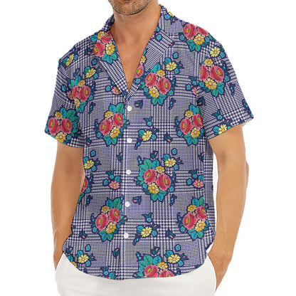 Blue And White Floral Glen Plaid Print Men's Deep V-Neck Shirt