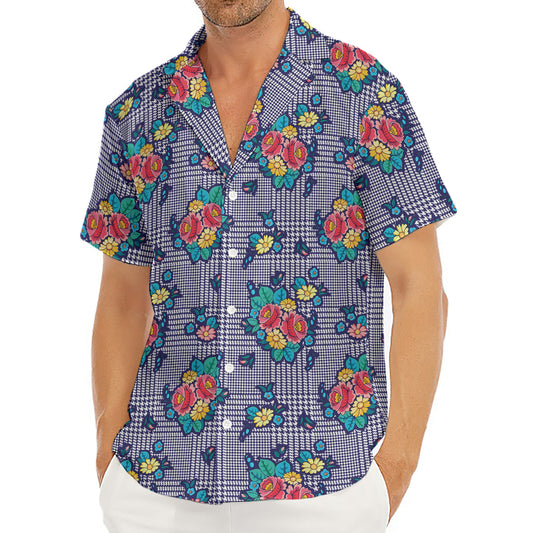 Blue And White Floral Glen Plaid Print Men's Deep V-Neck Shirt
