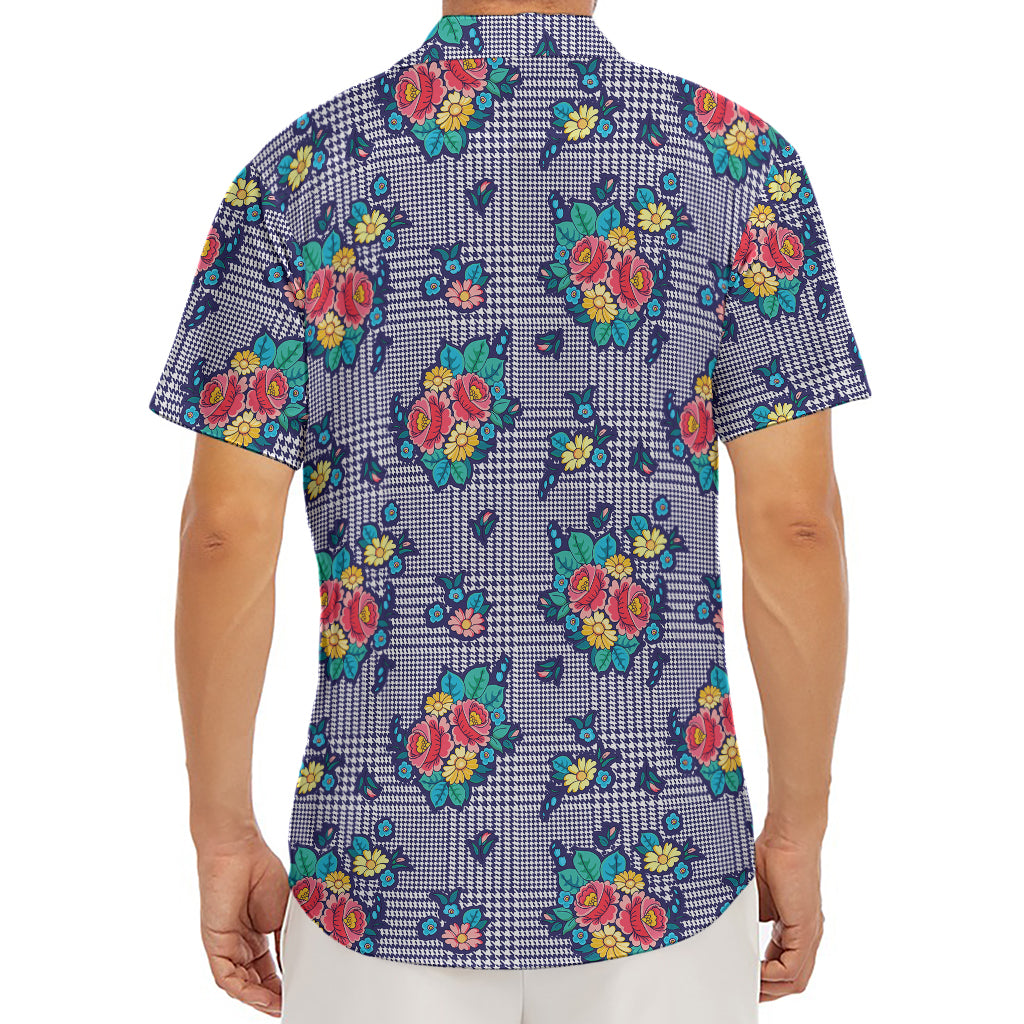Blue And White Floral Glen Plaid Print Men's Deep V-Neck Shirt