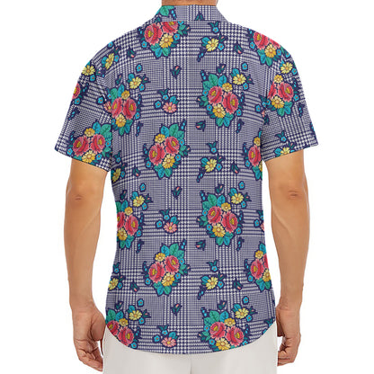 Blue And White Floral Glen Plaid Print Men's Deep V-Neck Shirt