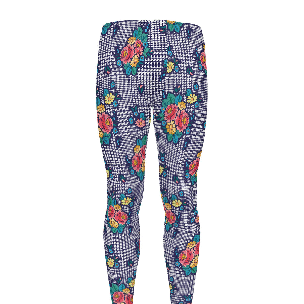 Blue And White Floral Glen Plaid Print Men's leggings
