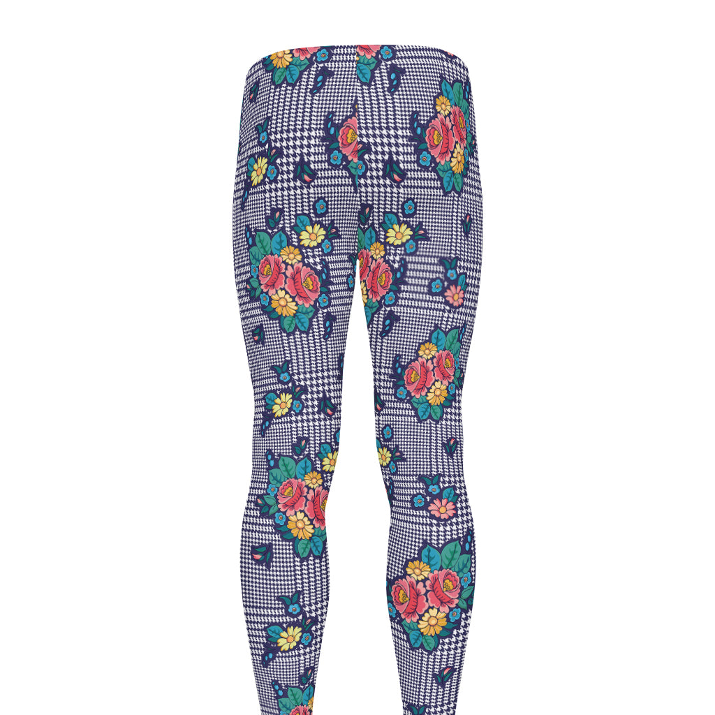 Blue And White Floral Glen Plaid Print Men's leggings