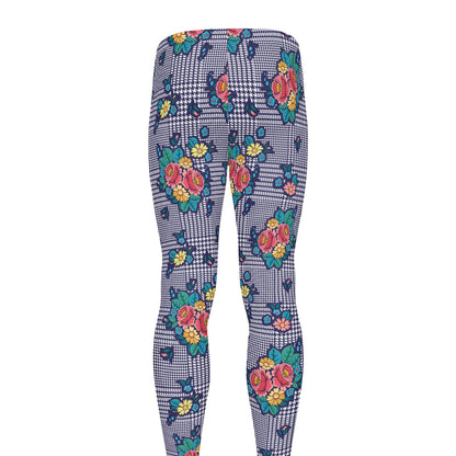 Blue And White Floral Glen Plaid Print Men's leggings