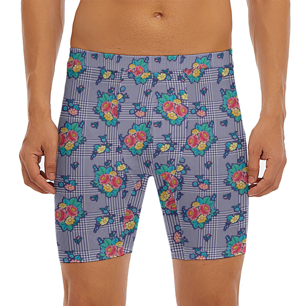 Blue And White Floral Glen Plaid Print Men's Long Boxer Briefs