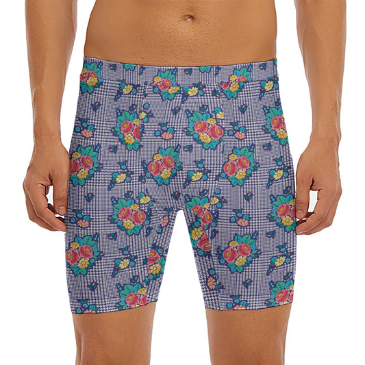 Blue And White Floral Glen Plaid Print Men's Long Boxer Briefs
