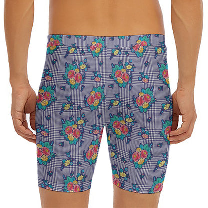 Blue And White Floral Glen Plaid Print Men's Long Boxer Briefs