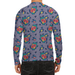 Blue And White Floral Glen Plaid Print Men's Long Sleeve Rash Guard
