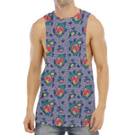 Blue And White Floral Glen Plaid Print Men's Muscle Tank Top