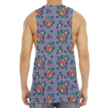 Blue And White Floral Glen Plaid Print Men's Muscle Tank Top