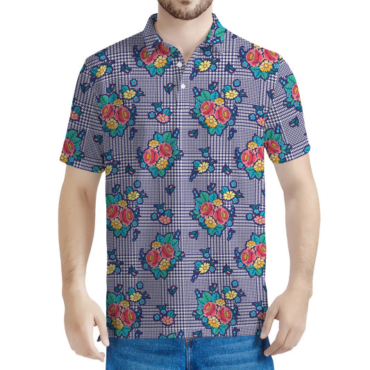 Blue And White Floral Glen Plaid Print Men's Polo Shirt