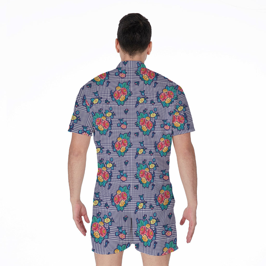 Blue And White Floral Glen Plaid Print Men's Rompers