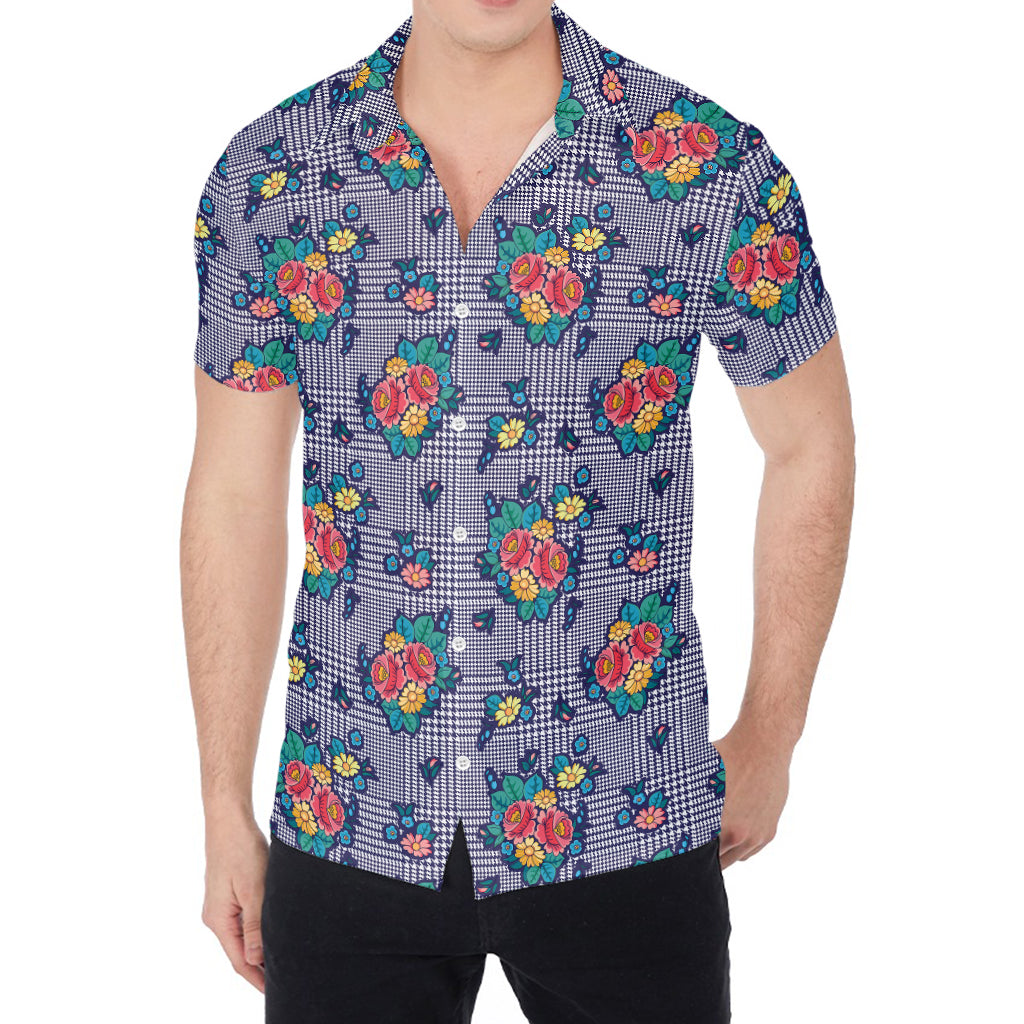 Blue And White Floral Glen Plaid Print Men's Shirt