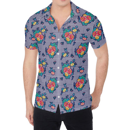 Blue And White Floral Glen Plaid Print Men's Shirt
