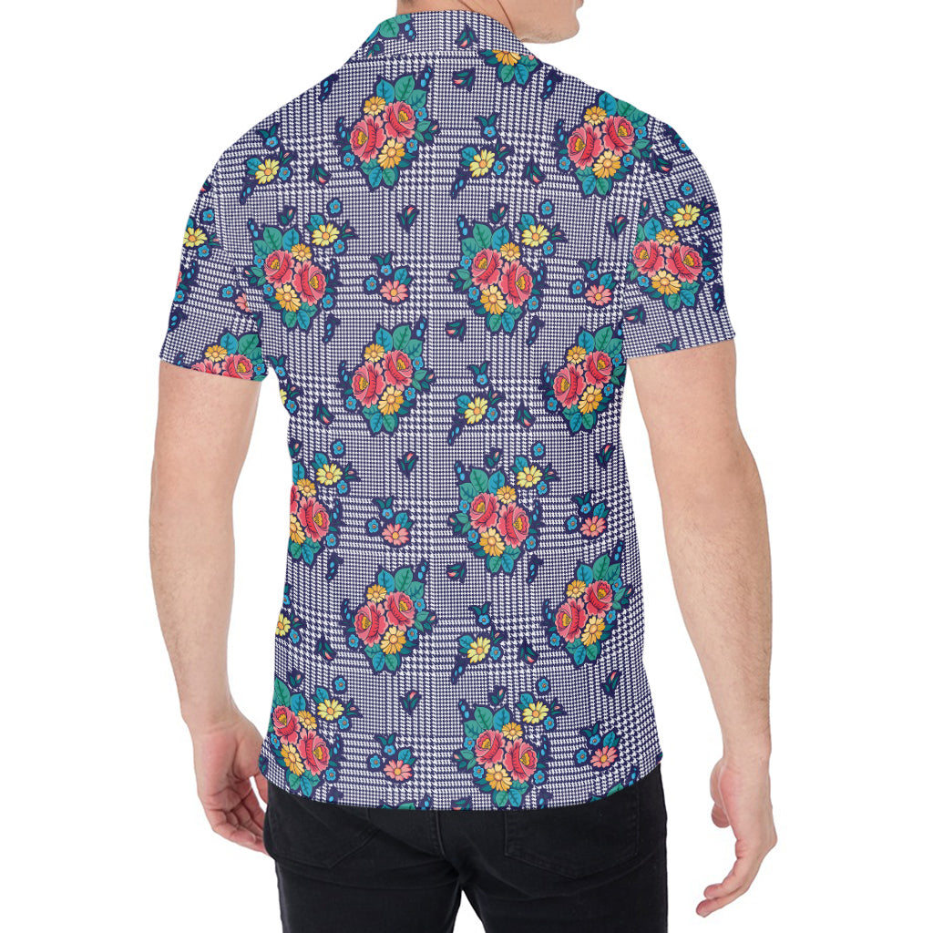 Blue And White Floral Glen Plaid Print Men's Shirt