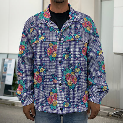 Blue And White Floral Glen Plaid Print Men's Shirt Jacket