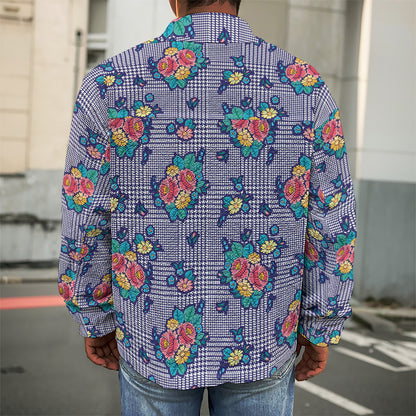 Blue And White Floral Glen Plaid Print Men's Shirt Jacket