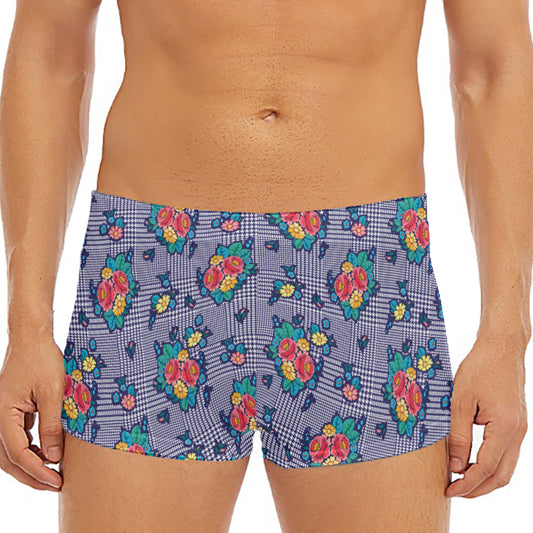 Blue And White Floral Glen Plaid Print Men's Short Boxer Briefs