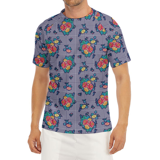 Blue And White Floral Glen Plaid Print Men's Short Sleeve Rash Guard