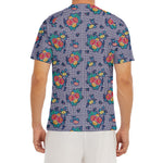 Blue And White Floral Glen Plaid Print Men's Short Sleeve Rash Guard