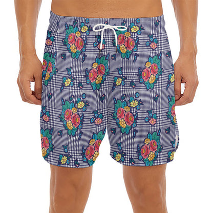 Blue And White Floral Glen Plaid Print Men's Split Running Shorts