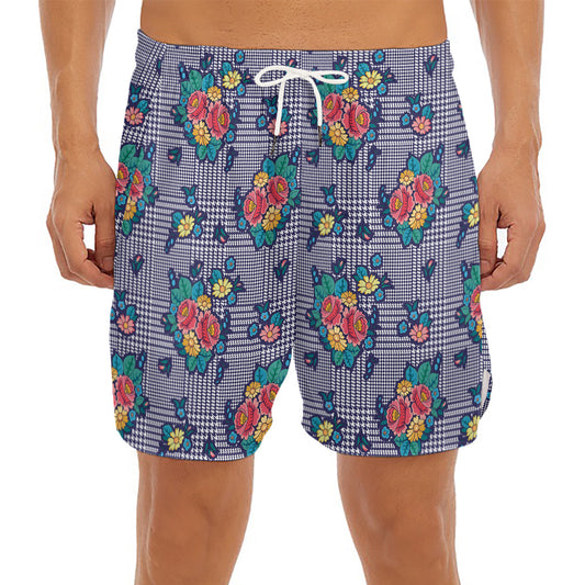 Blue And White Floral Glen Plaid Print Men's Split Running Shorts